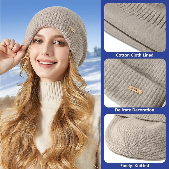 Womens Warm Knit Beanie Hat Cotton Lined Slouchy Winter Fall Thick Skull Cap - Picture 2 of 7